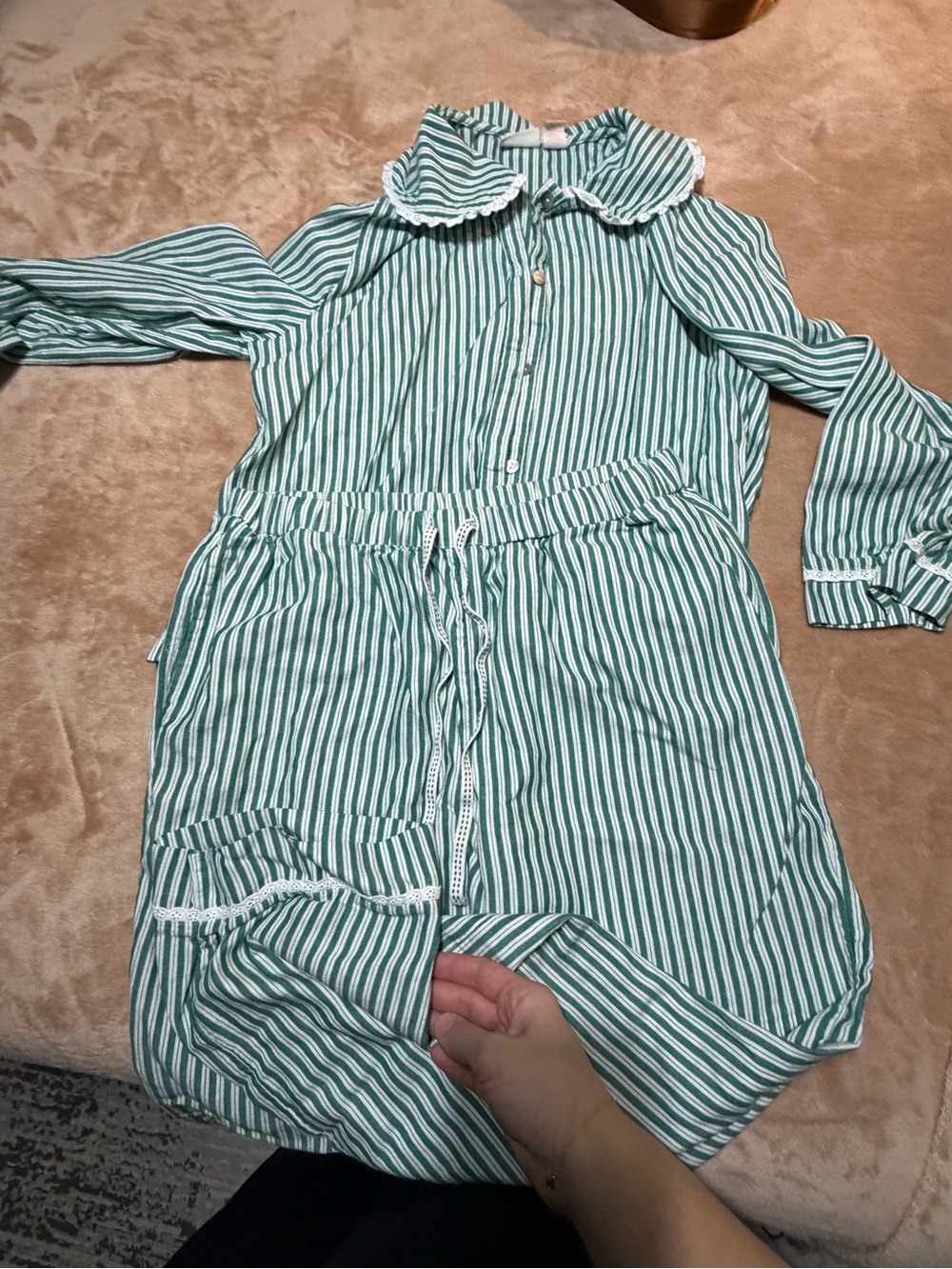 Women’s Cotton Green Stripe Drawstring Pajamas - Long Sleeves and Long Pants